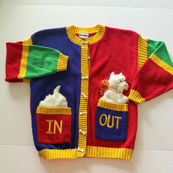 VTG Knitwaves USA Colorful Fuzzy Knit Dog Bone Button Statement Kids Cardigan M - Picture 1 of 8